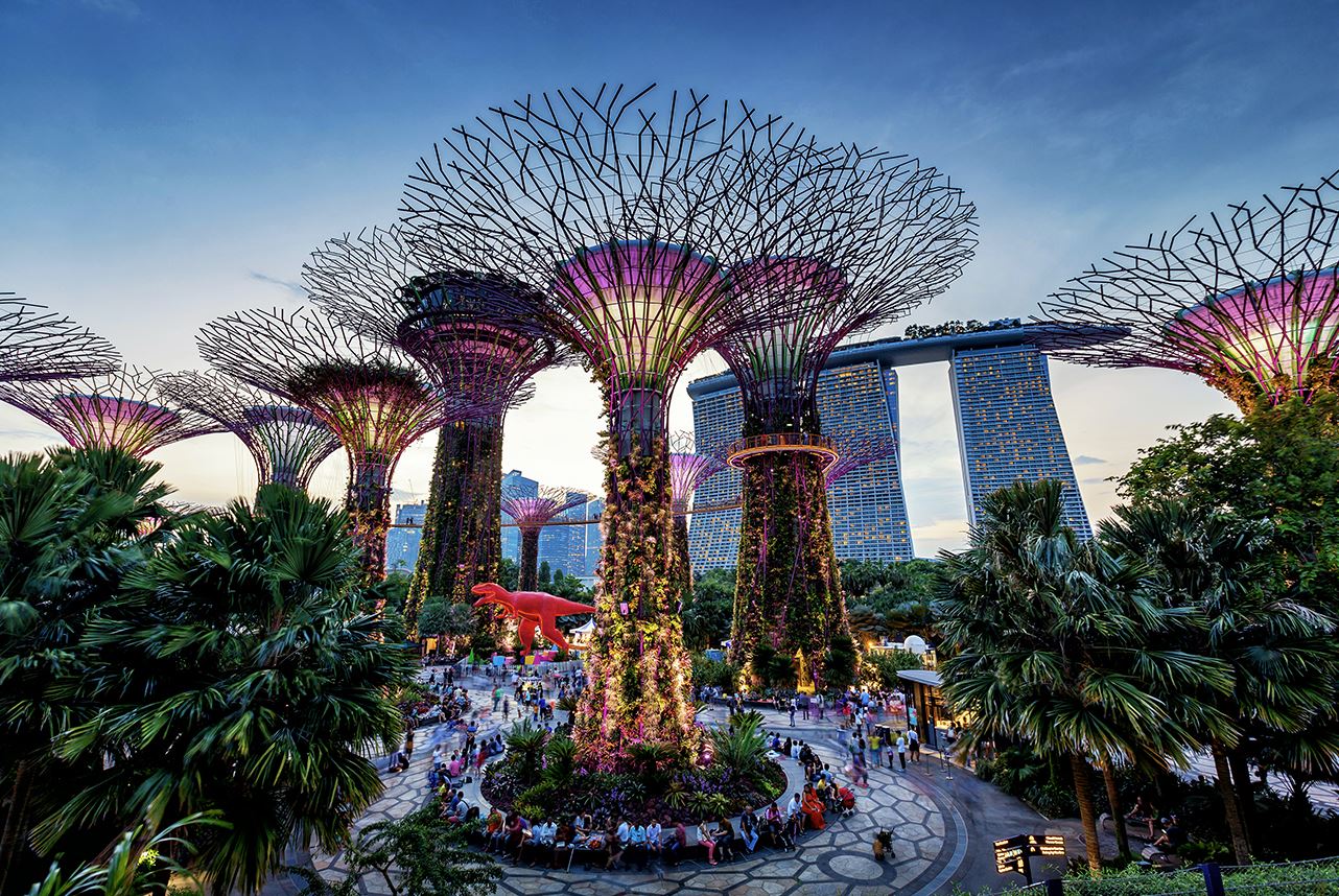 Supertree Grove at Gardens by the Bay, Singapore, with Marina Bay Sands in the background