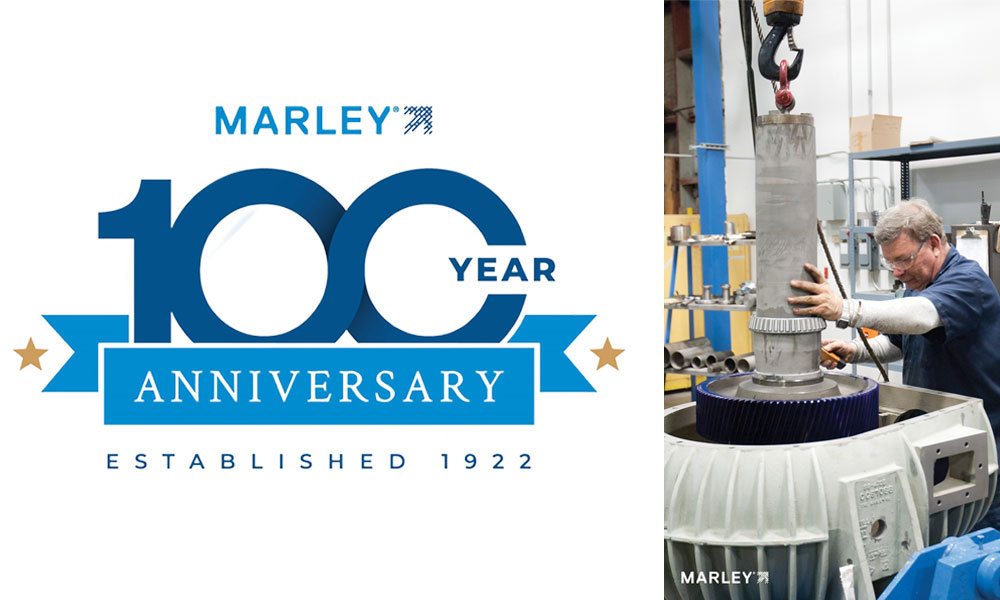 Marley 100 Year Anniversary logo, established 1922, and a technician assembling a Marley gear drive